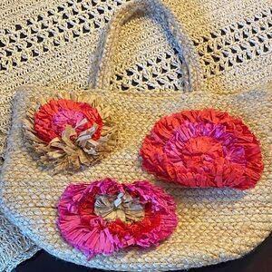 Chico’s  NWOT Woven Tote Bag with Pink and Red Floral Accents
